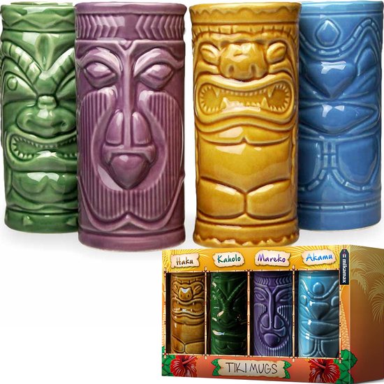 MikaMax Tiki Mugs - Cocktail Glazen - Hawaii – Cocktail Set - Mok - Keramiek- Set van 4 - Vaatwasser bestendig - 330ML