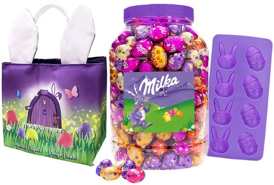 Milka paaseitjes - 5 smaken - met exclusief paasmandje en siliconen chocolade bakvorm om zelf chocoladefiguren te maken - chocolade voor Pasen - 1650g