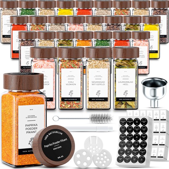 Organess 28 Glazen Kruidenpotjes Vierkant met Acacia Deksel – 3 Soorten Strooideksels – Kruidenstrooier – Spice Jars – Complete Set incl Kruiden Stickers, Krijtstift en Accessoires – 120ml