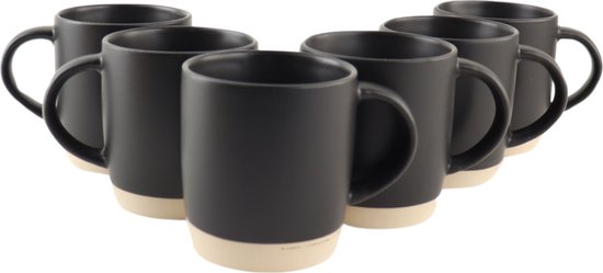 OTIX Koffiekopjes - Theemokken - Koffietassen - Set van 6 - Zwart - 310 ml - Aardewerk - ONYX