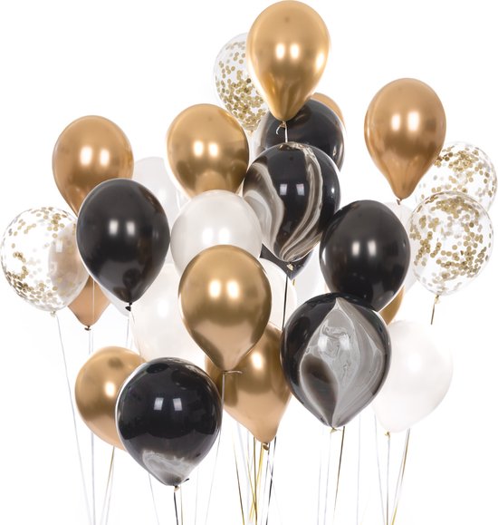 Partizzle 50x Ballonnen Zwart, Goud & Wit - Helium Geschikt - Papieren Confetti - Verjaardag, Kerst, Nieuwjaar 2024, Abraham en Sarah - Ballonnenboog Versiering - Latex