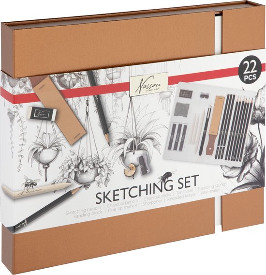 Professionele Tekenset - Grafietpotloden, Houtskoolpotloden, Fineliner Zwart, doezelaars, Schuurpapierblok, Kneedgum & gum - Luxe Giftbox