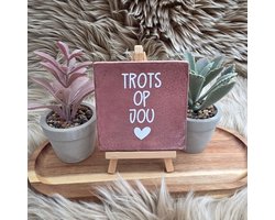 Robuust Wenstegeltje “Trots op Jou” – Lief Cadeautegeltje met Hartje – Trendy nu – Geslaagd – Vriend(in) – Familie – Gezin – Zomaar – Cadeau – Geslaagd – Decoratief Tegeltje met Standaard – Cadeau Idee
