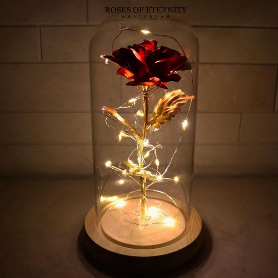 Roses of Eternity - Gouden roos in glazen stolp met LED - Cadeau voor vrouw, vriendin, haar - Huwelijk - Romantisch cadeautje - Rode