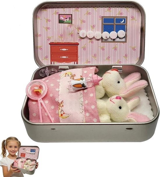 Roze Mini Zak Konijn Knuffel in Blikdoos - Kinder Calmerende Knuffeldier, Paas Cadeau & DIY Pet Adoptie Set