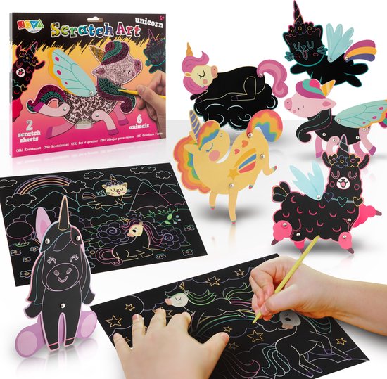 Scratch Art Unicorn Kinderen - Krasboek - Scratch Art Dieren - Knutselpakketten - Inclusief 6 Dieren en 2 Krastekeningen - Met Kras Tools en Beweegbare Elementen