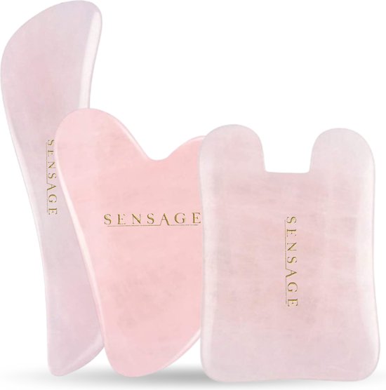 Sensage Gua Sha Set | 3-Delige Massage Set | 100% Natuurlijke Rozenkwarts Guasha Steen | Relax Anti Aging | Huidverzorging | Ontspanning | Gezichtsmassage | Lekkerder In Je Vel