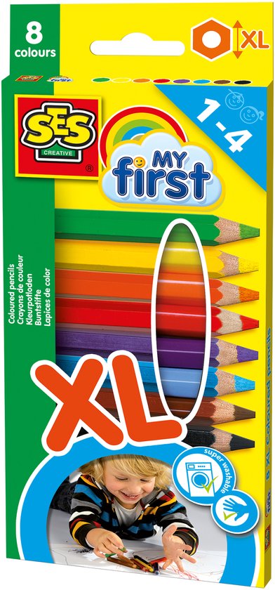 SES Creative My First Kleurpotloden XL - Kort en Dik - Vanaf 1 Jaar - 8 Kleuren - Babyproof - Goed Uitwasbaar - Schoencadeautjes Sinterklaas