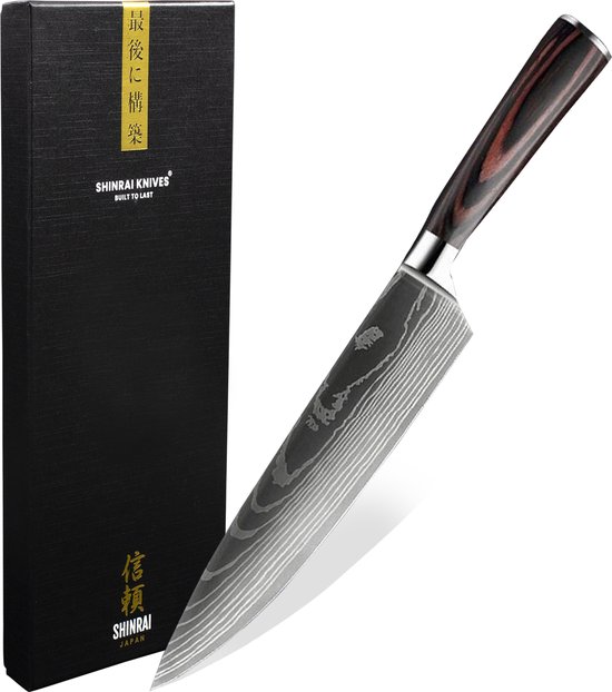 Shinrai Japan - Japans Koksmes 20 cm - Koksmes - Damascus Mes - Damascus Print - Met Luxe Geschenkdoos