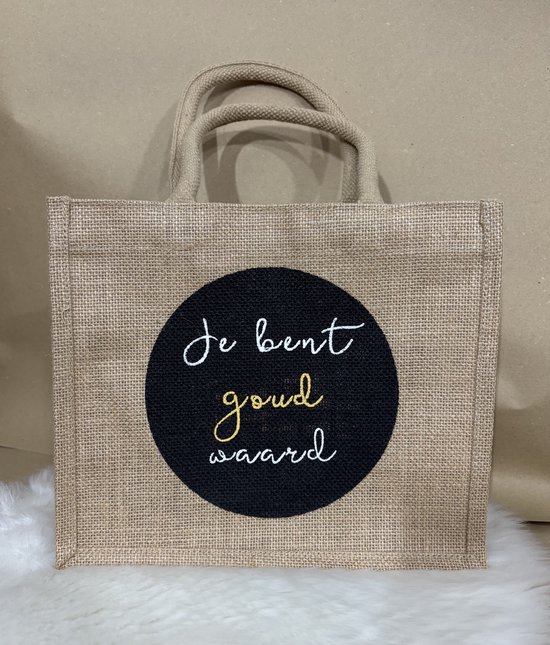 Shopper | Je bent Goud waard | Boodschappentas | Boodschappen | Schoudertas | Schouder tas | Mama | Oma | Moederdag | Liefde | Collega | Pensioen | Bedankje | Giftset | Cadeau | Cadeautas | Kado | Gold | Geliefd | Vriendin | Lief | Presentje | Mooi