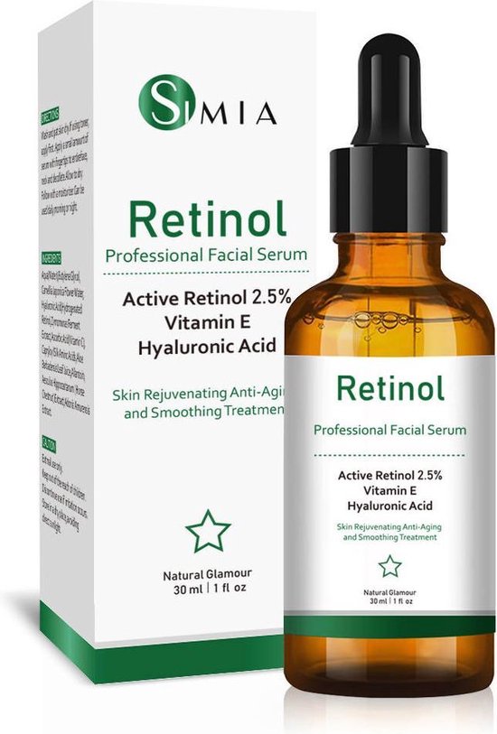 SIMIA™ Original Active Retinol Serum - Met Vitamine E & Hyaluronzuur - Gezichtsserum - Collageen - Anti Aging - Celvernieuwing - Anti-Acne - Tegen Mee-eters en Grove Poriën - Tegen Pigmentvlekken - 30ml