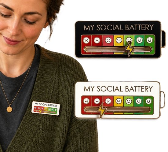 Social Battery Pin Set van 2 – Interactieve Stemming Indicator Broches Zwart & Wit – Emaille Pins met Schuifmechanisme – Mentale Gezondheid Badge – Grappig Cadeau voor Introverten en Collega's