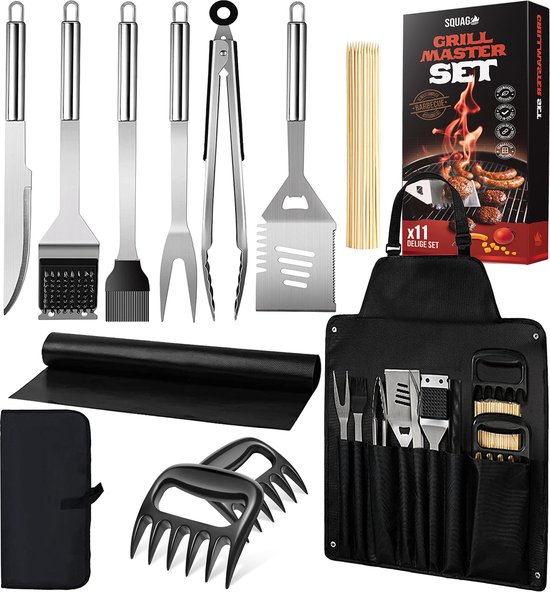 Squago BBQ accesoires XXL Set met Schort - Gereedschap - Gereedschapset Tang Borstel Mat