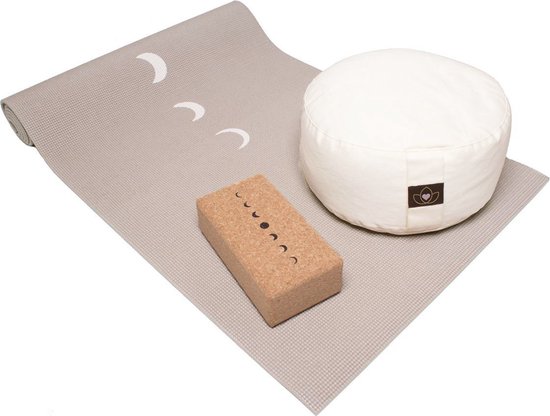 Starterspakket yogamat, meditatiekussen en blok - taupe moon