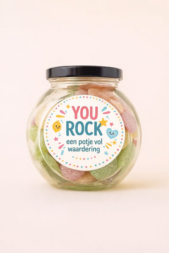 STREECK You Rock Snoeppot zuurtjesmix 275g - Geslaagd Cadeau - Bedankje Collega, Juf of Meester