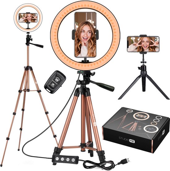 Studio ME - LED Ringlamp Rosegoud met Statief - 25 cm/10 inch - Selfie Ringlight met Afstandsbediening - INCL. Mini Tripod - Telefoonhouder