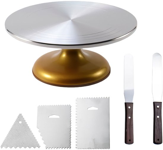 Taart Draaiplateau 12 Inch Aluminium – 6-delige Taartdecoratieset met RVS Spatels – Gouden Cake Draaitafel voor Taarten Bakken & Decoreren