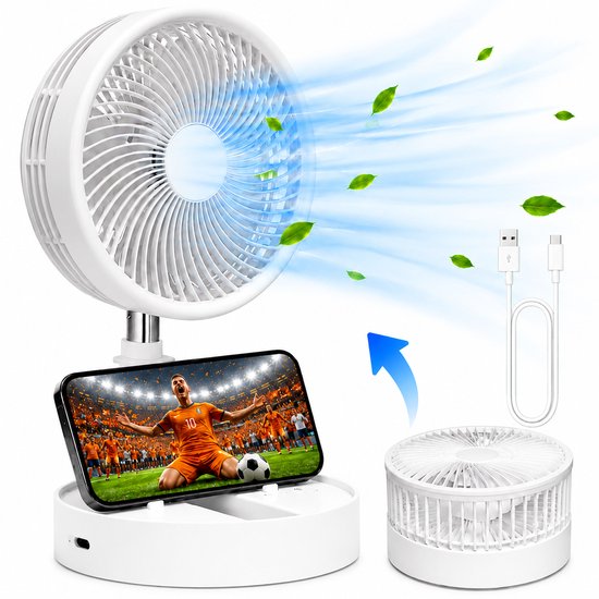 Tafelventilator met Telefoonhouder - USB-C Oplaadbaar - 3 Standen - Opvouwbaar en Draadloos - Staande Mini Ventilator - Fan - Verkoeling - WK Voetbal Kijken Accessoire - Kleine Aircooler - Mobiele Airco - 16,5 x 16,5 x 8 cm - Wit - Silvergear