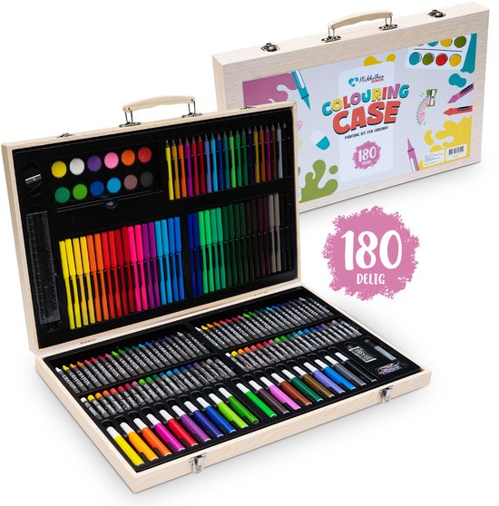 Tekendoos 180 delige - Mikkelhus Tekenkoffer - Inclusief stiften, kleurpotloden, verf, krijtjes en meer - kleurkoffer - Knutselkoffer - Geschikt voor Kinderen en Volwassenen