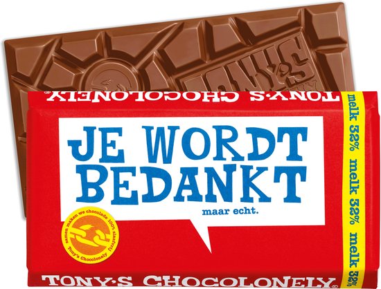 Tony's Chocolonely Chocolade Reep Melk - Zeg 't met een reep "Bedankt" - Kantoor Cadeau - 180 Gram