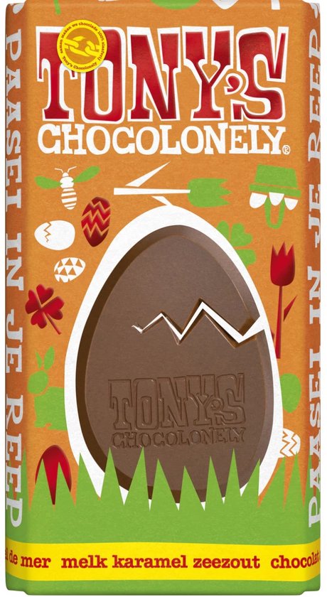 Tony's Chocolonely Melkchocolade Reep Pasen - Melk Karamel Zeezout - Chocolade Paasei in Reep - Paaschocolade - Paascadeautjes voor Kinderen - Paas Cadeau - 1 x 180 gram