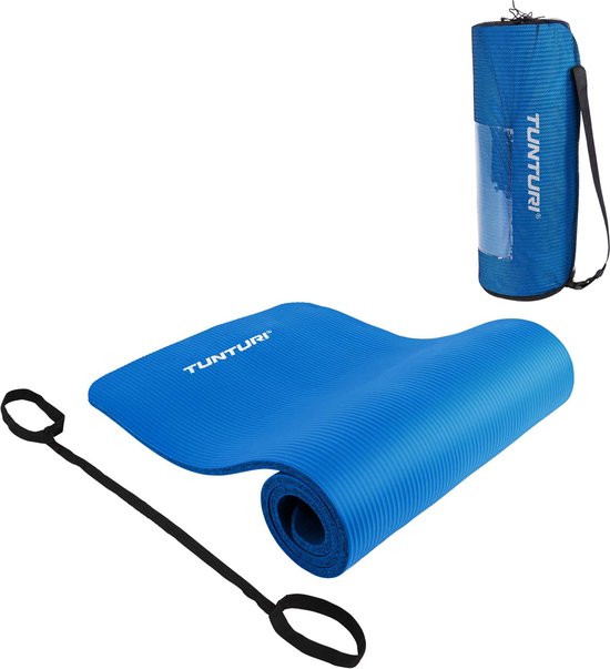 Tunturi fitnessmat met draagtas - Yogamat - Sportmat gemaakt van zacht NBR materiaal - 180 x 60 x 1,5cm - Blauw - Incl. gratis fitness app