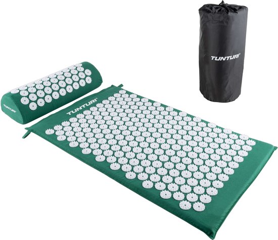 Tunturi Spijkermat met kussen - Acupressuur - Meditatie Mat - Acupunctuur Set - Massage en Ontspanning - 68x42x2 cm- Groen