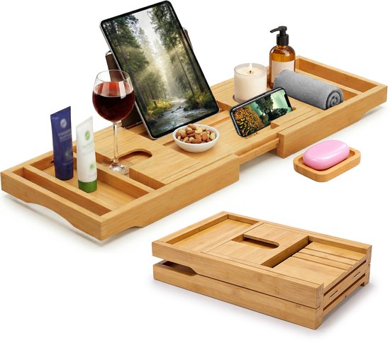 Villux Badplank - Badrek - Doucherek - Uitschuifbaar - Badrekje - Verstelbaar - Tablet houder - Boekenstandaard - Boekensteun - 75 / 109 cm - Bamboe