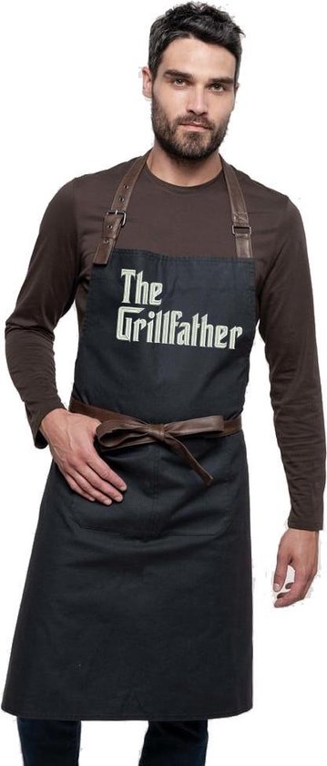 VINTAGE COTTON APRON CHARCOAL, geborduurd met (THE GRILLFATHER) origineel vaderdag cadeau