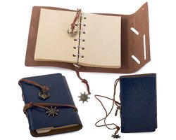 Vintage Lederen Notitieboek met Windroos 15x10CM - Blauw - Schetsboek Notebook - Cadeau idee - Blanco Papier - Travel Journal Reis Dagboek Retro
