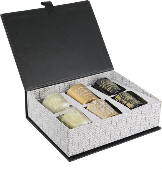 WDMT Cadeaubox met 6 Geurkaarsen - Luxe Kaarsen set voor Ontspanning en Sfeer - Luxe Zwarte Geurkaarsen Cadeauset - Zes-delige Kaarsenset - Geschenkset - Cadeau Geschenk - Cadeaupakket - Zwart