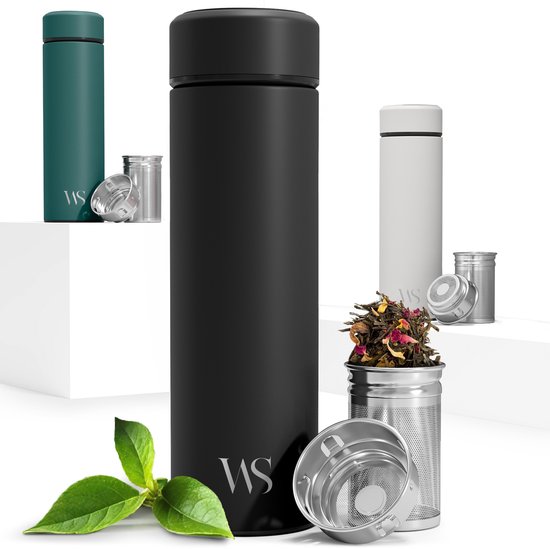 Wilford & Sons Thermosfles Thee - Vruchte Infuser 450 ml, BPA-Vrij, RVS Lekvrij Geïsoleerd - Water Bottle To Go + Theefilter-Fruit-Zeef 2-Delig - Theefles Drinkfles Koffie Fles, Onderweg Kantoor Werk School Sport - Zwart