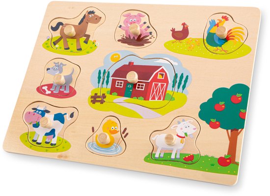Woet® Houten Knoppuzzel Boerderij - 8 Puzzelstukjes - Houten Puzzel met Knopjes - Educatief Peuterspeelgoed - Vanaf 2 Jaar