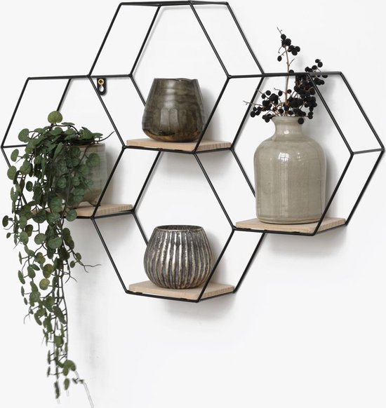 Zwart metalen wandrek industrieel met 4 houten plankjes - Vierdubbel zeshoekig - 40,5x58 cm